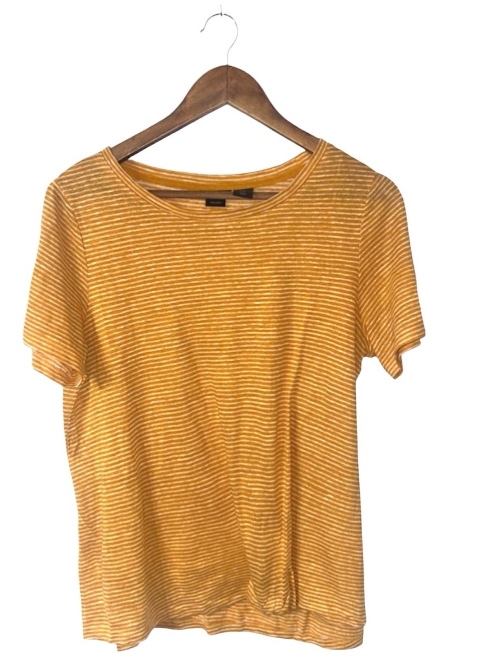 Tahari Mustard Yellow Striped 100% Linen Short Sleeve Tee Shirt T-Shirt Small